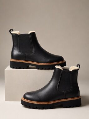 New! J. Crew Lug Sole Black Shearling-Lined Chelsea Boot -Read